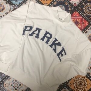 Parke White Mock Neck Sweatshirt With Navy Viraity lettering size Large / xlarge